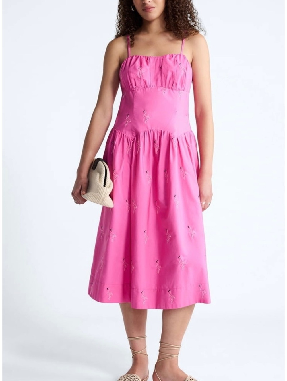 Free Assembly Tie Back Cotton Midi Dress Pink NWT XS 0/2 Embroidered Flamingos